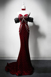 Mermaid Prom Dress Velvet Burgundy Long Evening Dress